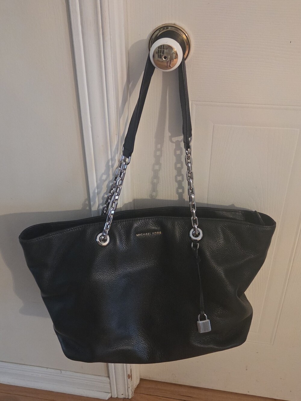 Michael Kors Black Leather Tote with Chain-Strap Detail